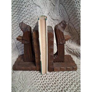 Vintage Hand-Carved Wooden Monk Bookends With Scalloped Details 8" Tall Rustic D